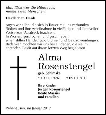 Traueranzeige von Alma Rosenstengel von Mitteldeutsche Zeitung Naumburg/Nebra