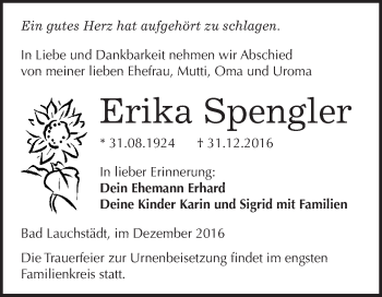 Traueranzeige von Erika Spengler von WVG - Wochenspiegel Merseburg