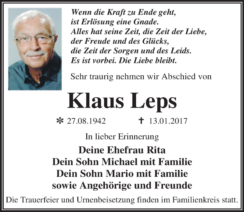  Traueranzeige für Klaus Leps vom 21.01.2017 aus Mitteldeutsche Zeitung Dessau-Roßlau