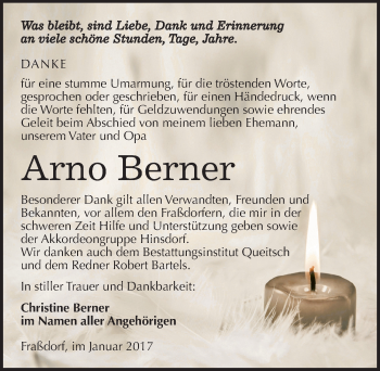 Traueranzeige von Arno Berner von Mitteldeutsche Zeitung Köthen