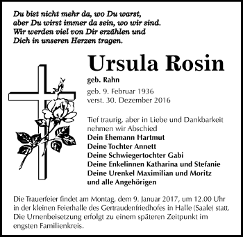 Traueranzeige von Ursula Rosin von Mitteldeutsche Zeitung Halle/Saalkreis