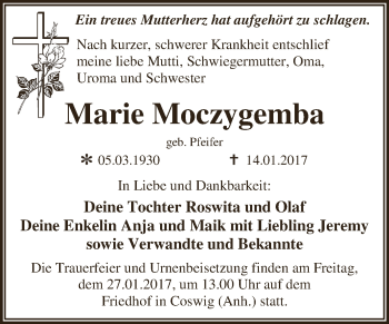 Traueranzeige von Marie Moczygemba von WVG - Wochenspiegel Dessau / Köthen