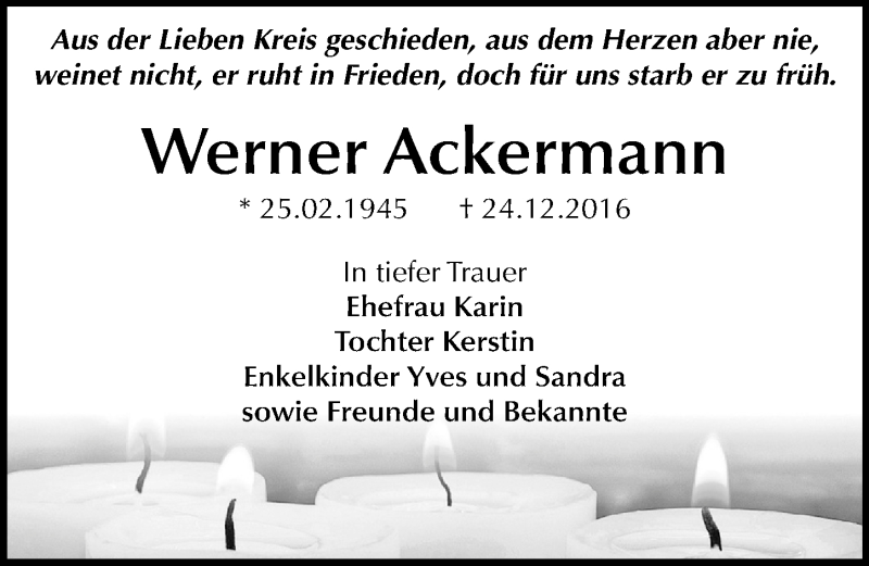  Traueranzeige für Werner Ackermann vom 07.01.2017 aus Mitteldeutsche Zeitung Dessau-Roßlau