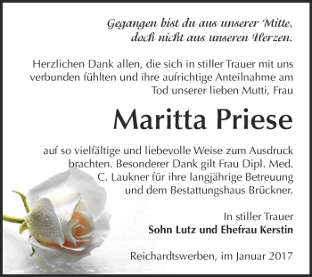 Traueranzeige von Maritta Priese von WVG - Wochenspiegel NMB / WSF / ZTZ