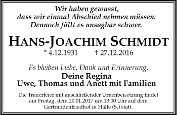 Traueranzeige von Hans-Joachim Schmidt von Mitteldeutsche Zeitung Halle/Saalkreis