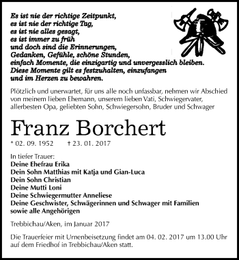 Traueranzeige von Franz Borchert von Mitteldeutsche Zeitung Köthen