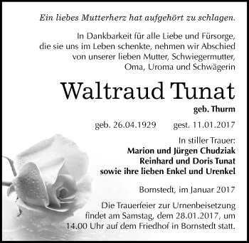 Traueranzeige von Waltraud Tunat von Mitteldeutsche Zeitung Mansfelder Land