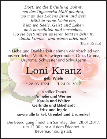 Traueranzeige von Loni Kranz von Mitteldeutsche Zeitung Sangerhausen