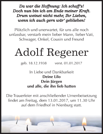 Traueranzeige von Adolf Regener von Mitteldeutsche Zeitung Bernburg