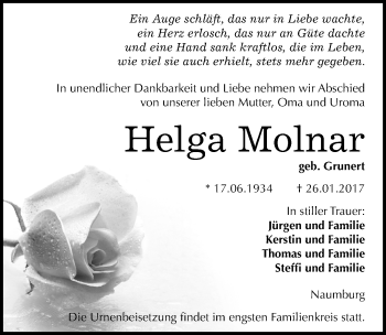Traueranzeige von Helga Molnar von Mitteldeutsche Zeitung Naumburg/Nebra