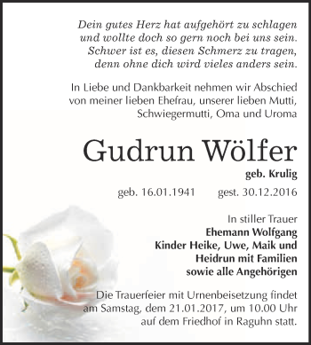 Traueranzeige von Gudrun Wölfer von WVG - Wochenspiegel Bitterfeld