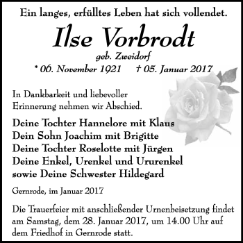 Traueranzeige von Ilse Vorbrodt von WVG - Wochenspiegel Quedlinburg