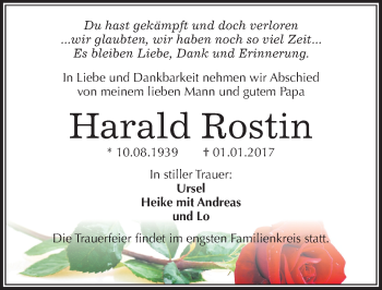 Traueranzeige von Harald Rostin von Mitteldeutsche Zeitung Halle/Saalkreis