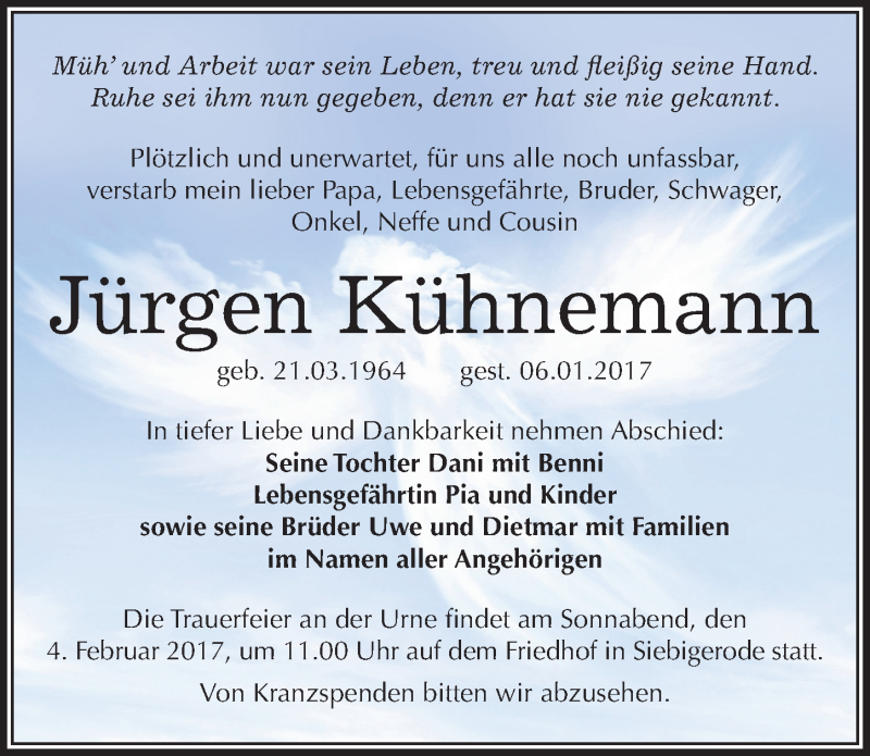  Traueranzeige für Jürgen Kühnemann vom 14.01.2017 aus Mitteldeutsche Zeitung Mansfelder Land