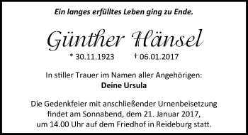 Traueranzeige von Günther Hänsel von Mitteldeutsche Zeitung Halle/Saalkreis