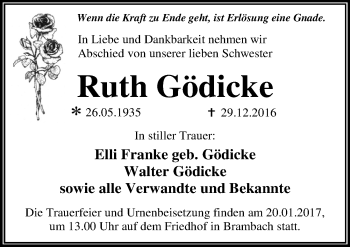 Traueranzeige von Ruth Gödicke von Mitteldeutsche Zeitung Dessau-Roßlau