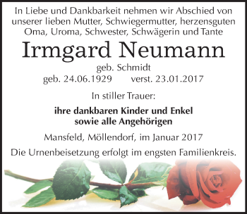 Traueranzeige von Irmgard Neumann von Mitteldeutsche Zeitung Mansfelder Land