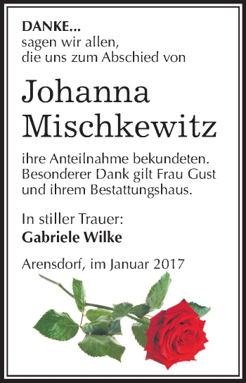Traueranzeige von Johanna Mischkewitz von Mitteldeutsche Zeitung Köthen