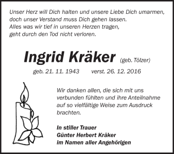 Traueranzeige von Ingrid Kräker von WVG - Wochenspiegel Merseburg