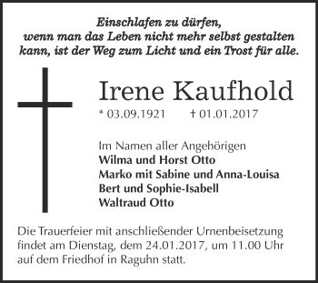 Traueranzeige von Irene Kaufhold von WVG - Wochenspiegel Bitterfeld