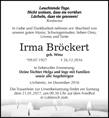 Traueranzeige von Irma Bröckert von Mitteldeutsche Zeitung Weißenfels