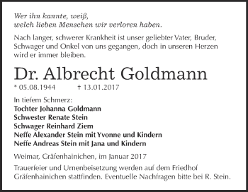 Traueranzeige von Albrecht Goldmann von Super Sonntag Wittenberg