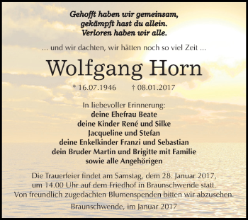 Traueranzeige von Wolfgang Horn von Super Sonntag SGH Mansf. Land