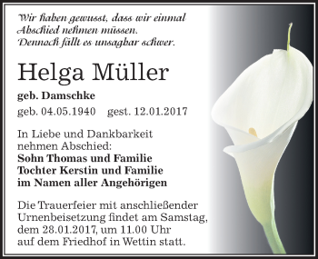 Traueranzeige von Helga Müller von Mitteldeutsche Zeitung Halle/Saalkreis