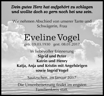Traueranzeige von Eveline Vogel von Mitteldeutsche Zeitung Zeitz