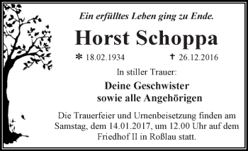 Traueranzeige von Horst Schoppa von WVG - Wochenspiegel Dessau / Köthen