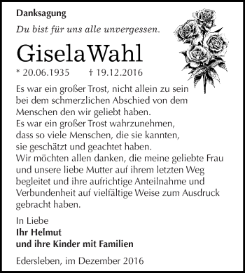 Traueranzeige von Gisela Wahl von Super Sonntag SGH Mansf. Land