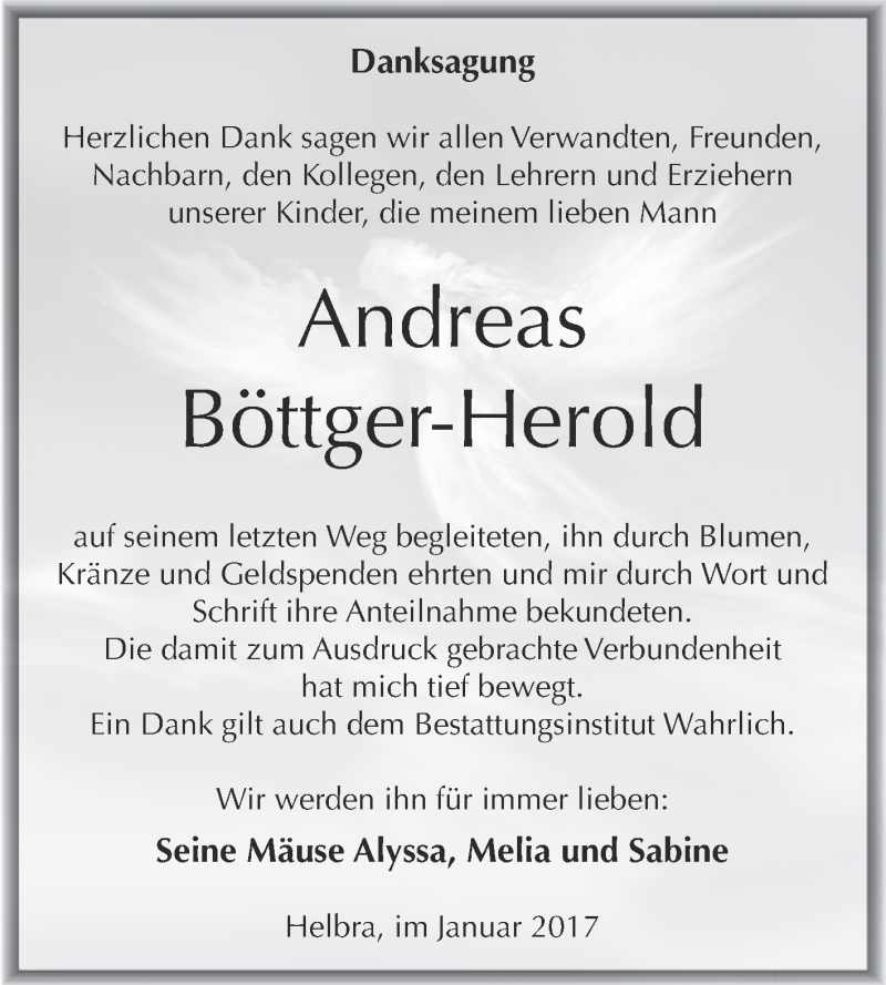  Traueranzeige für Andreas Böttger-Herold vom 25.01.2017 aus Wochenspiegel Mansfelder Land