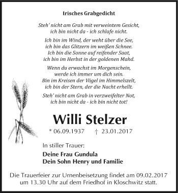 Traueranzeige von Willi Stelzer von Mitteldeutsche Zeitung Halle/Saalkreis