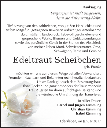 Traueranzeige von Edeltraut Scheibchen von Mitteldeutsche Zeitung Sangerhausen