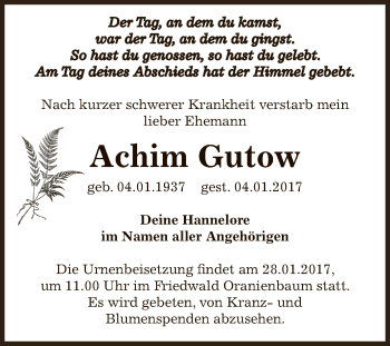 Traueranzeige von Achim Gutow von WVG - Wochenspiegel Dessau / Köthen