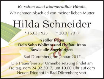 Traueranzeige von Hilda Schneider von Mitteldeutsche Zeitung Merseburg/Querfurt