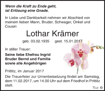 Traueranzeige von Lothar Krämer von Mitteldeutsche Zeitung Weißenfels