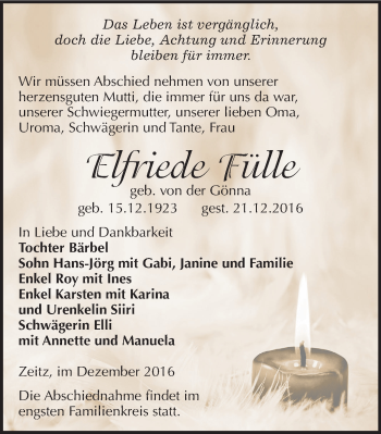 Traueranzeige von Elfriede Fülle von Mitteldeutsche Zeitung Zeitz