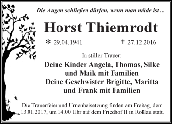 Traueranzeige von Horst Thiemrodt von WVG - Wochenspiegel Dessau / Köthen