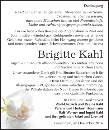 Traueranzeige von Brigitte Kahl von Mitteldeutsche Zeitung Naumburg/Nebra