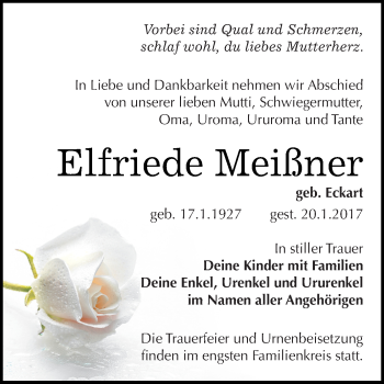 Traueranzeige von Elfriede Meißner von Super Sonntag SGH Mansf. Land