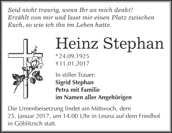 Traueranzeige von Heinz Stephan von WVG - Wochenspiegel Merseburg