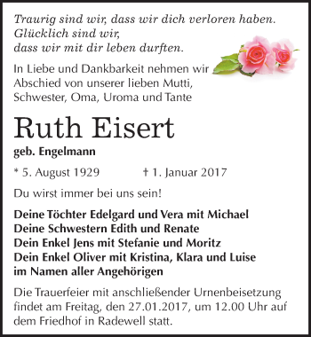 Traueranzeige von Ruth Eisert von Mitteldeutsche Zeitung Halle/Saalkreis