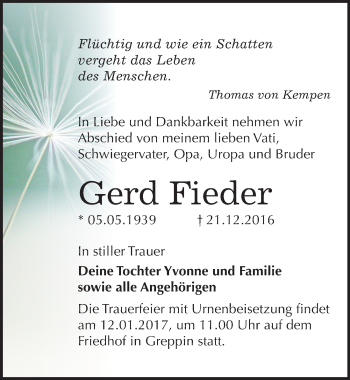 Traueranzeige von Gerd Fieder von Mitteldeutsche Zeitung Bitterfeld