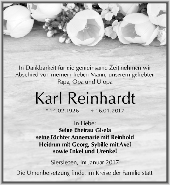 Traueranzeige von Karl Reinhardt von Mitteldeutsche Zeitung Mansfelder Land
