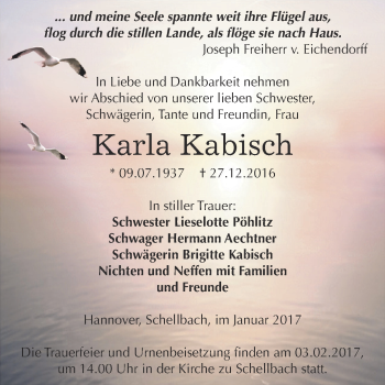 Traueranzeige von Karla Kabisch von Super Sonntag Zeitz