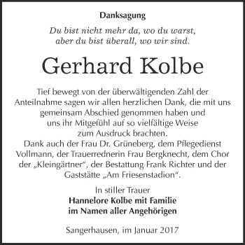 Traueranzeige von Gerhard Kolbe von Super Sonntag SGH Mansf. Land