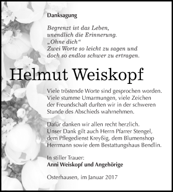 Traueranzeige von Helmut Weiskopf von Wochenspiegel Mansfelder Land