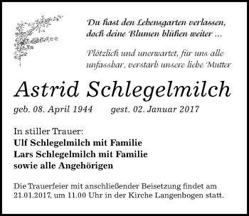 Traueranzeige von Astrid Schlegelmilch von Mitteldeutsche Zeitung Halle/Saalkreis