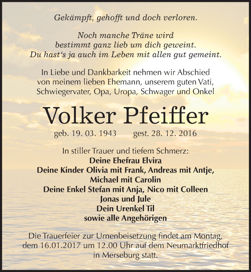  Traueranzeige für Volker Pfeiffer vom 07.01.2017 aus Mitteldeutsche Zeitung Merseburg/Querfurt